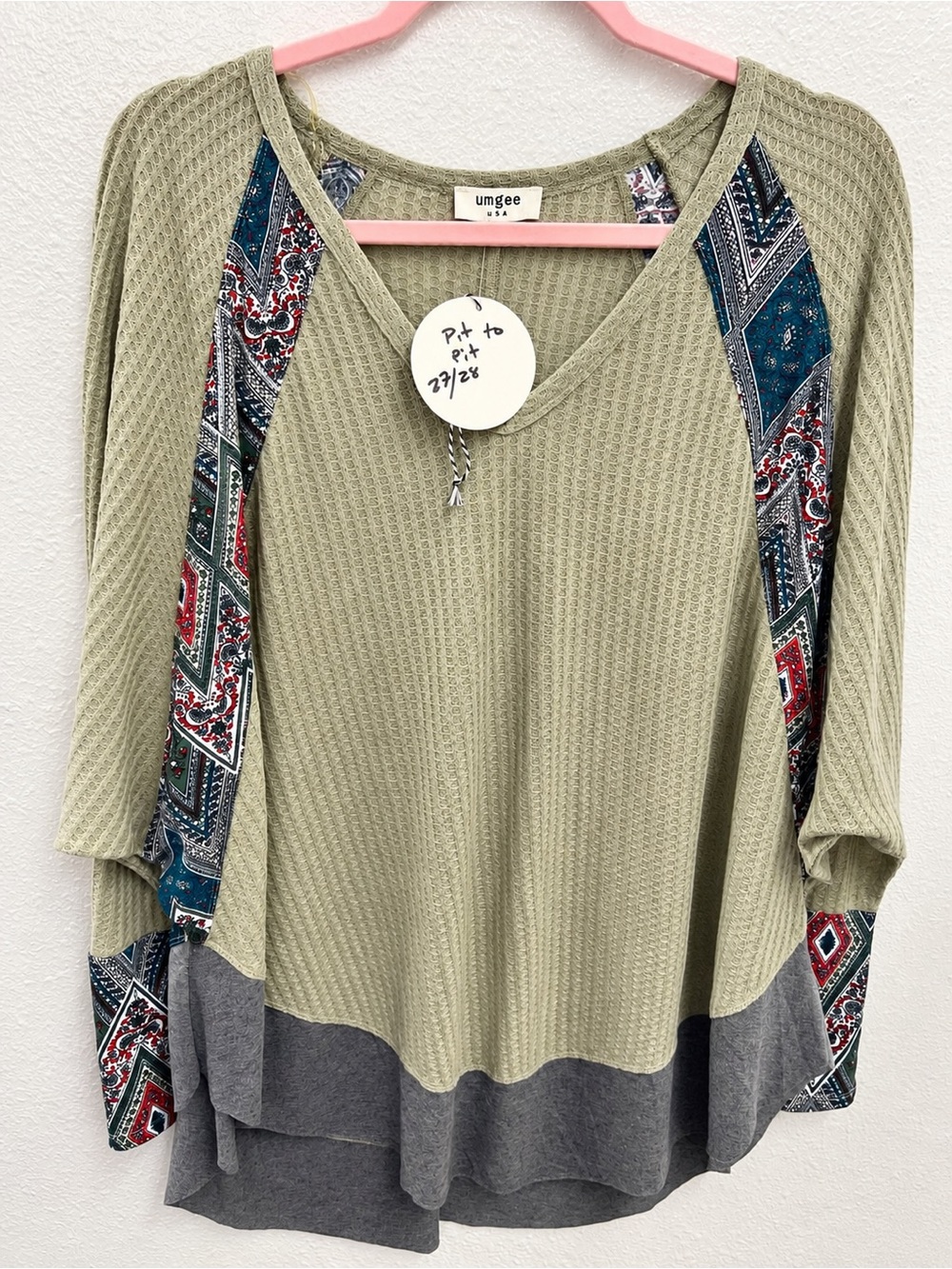 Umgee Olive Waffle-Knit V-Neck Tunic with Patterned Trim